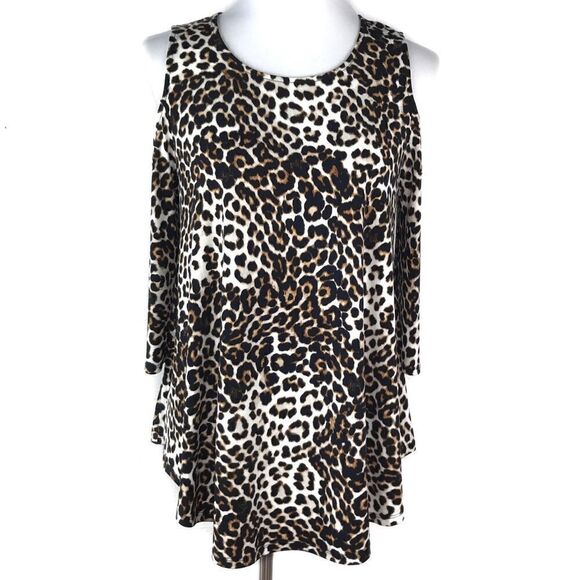 Chico’s Black Brown Leopard Print Cold Shoulder 3/4 Sleeve Top Small - Picture 1 of 6